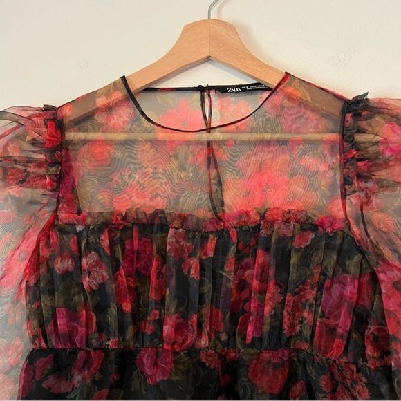 Zara Floral Sheer Organza Cropped Top Size Medium Whimsical Fairy Puff Sleeves - Picture 5 of 9